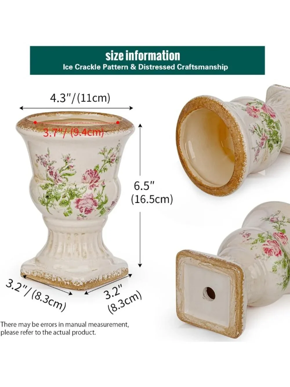 Vintage Pink Floral Ceramic Urn Planter - Decorative Chinoiserie Flower Pot